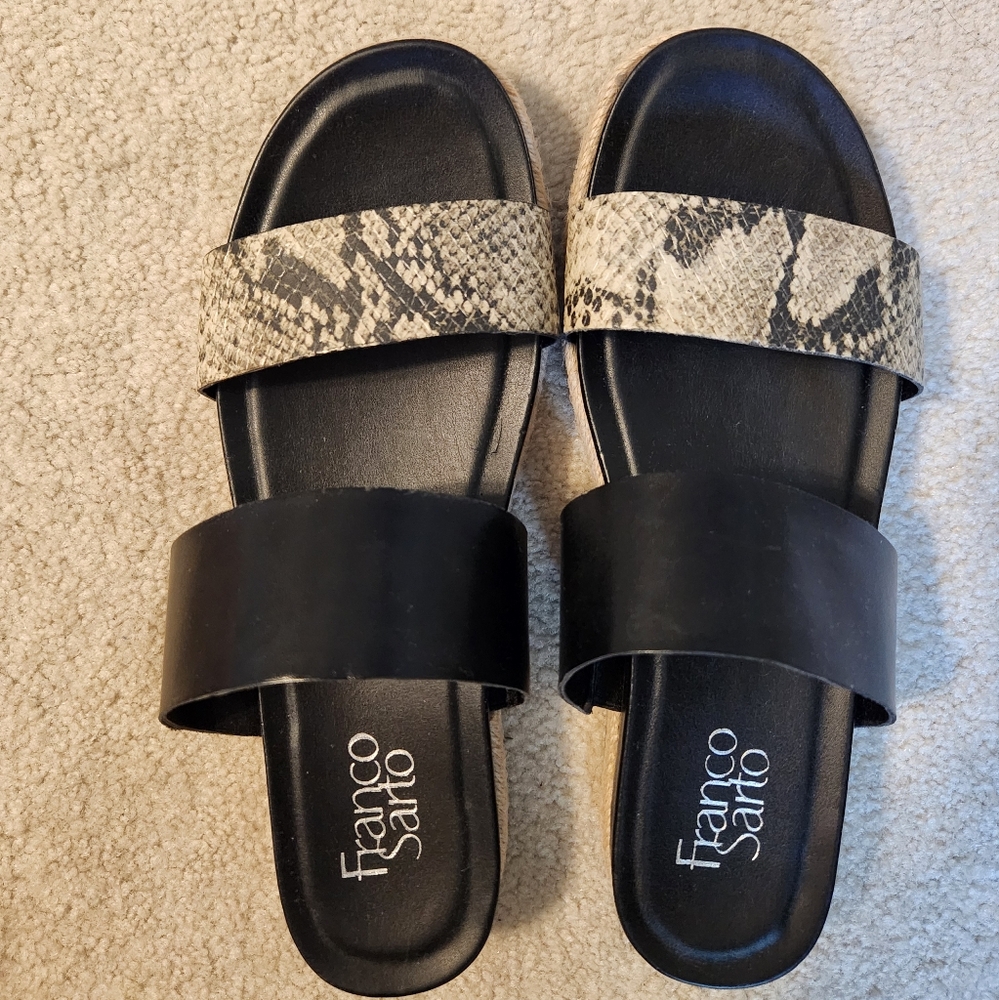 Franco Sarto Black and Snake Pattern Slides